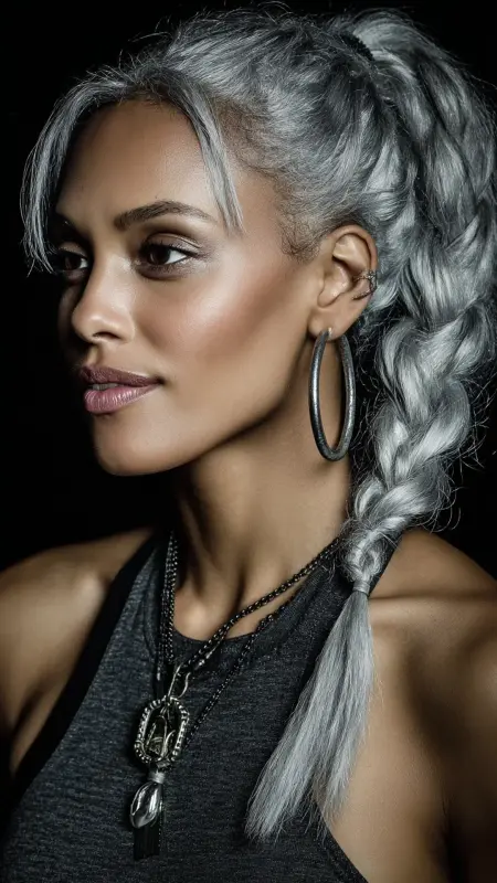 Silver Braided Ponytail - silver hair color ideas