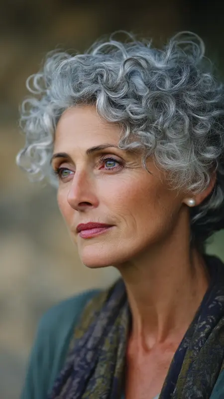 Silver Curly Crop with Face-Framing Tendrils - Short Curly Haircuts For Women Over 50