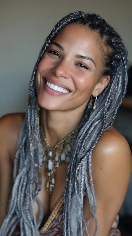 Silver Dip-Dye on Braids - Silver highlights