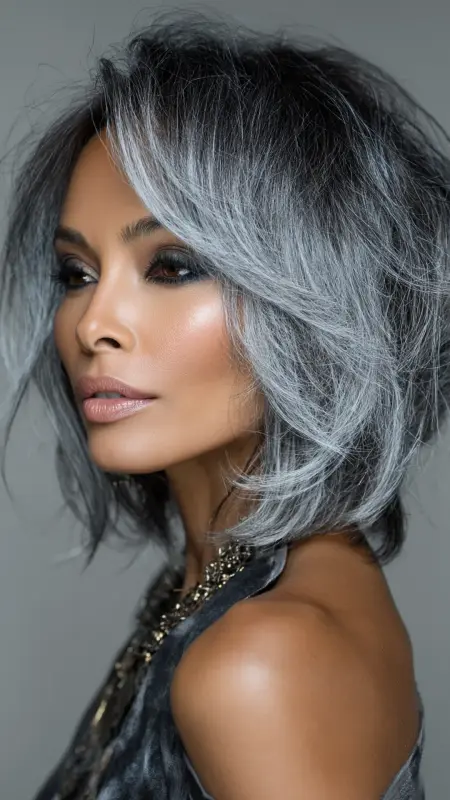Silver Frosted Tips on a Layered Bob - Silver highlights