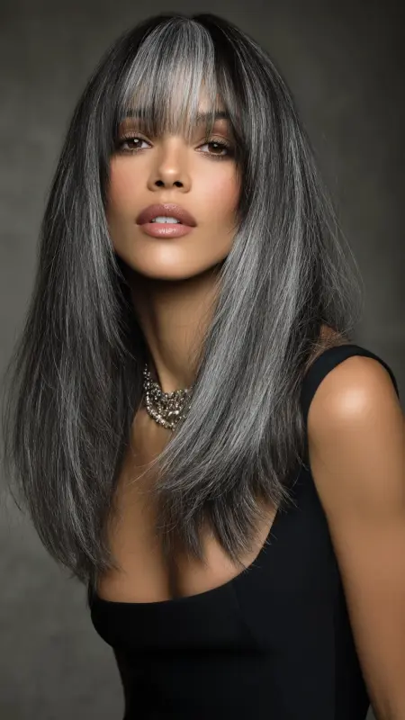 Silver Highlights on Blunt-Cut Bangs - Silver highlights