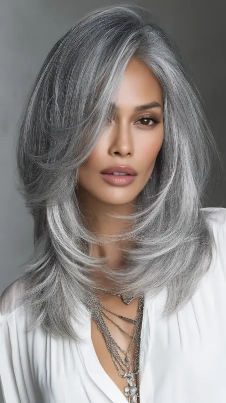 Silver Layered Cut with Feathered Ends - Silver highlights