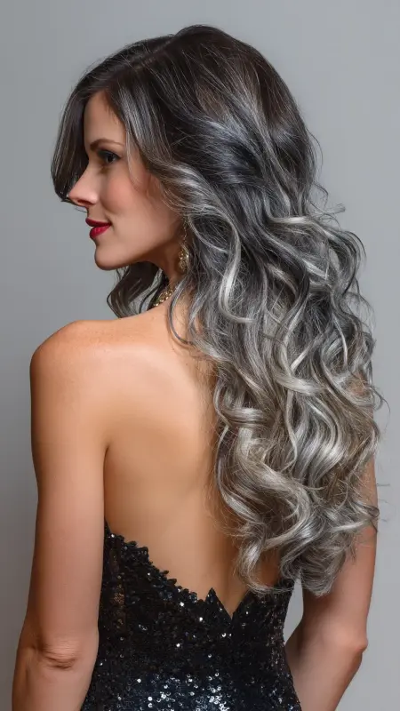 Silver Ombre on Long Curls - Silver highlights