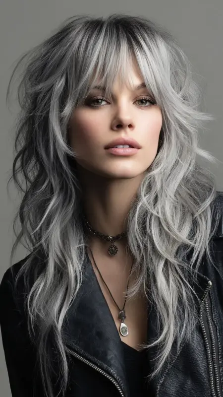 Silver Shag with Curtain Bangs - Silver highlights