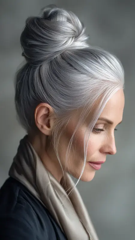 Silver Top Knot - gray hair styles for women over 50
