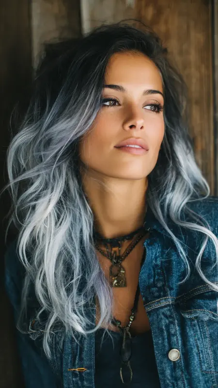 Mystical Mermaids: Dark Waves with Enchanting Silver Shimmers - Silver highlights on dark hair