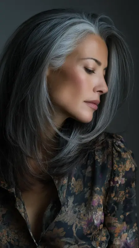 Mystical Moonlit Layers - Silver highlights on dark hair