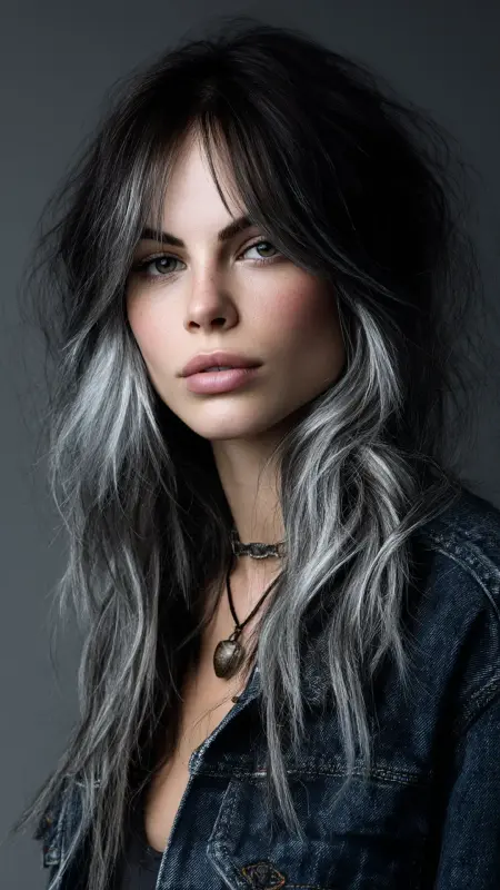 Moonlit Waves: Dark Elegance with Silver Flair - Silver highlights on dark hair