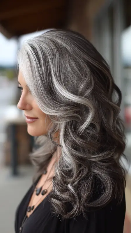 Enchanting Silver-Embraced Curls - Silver highlights on dark hair
