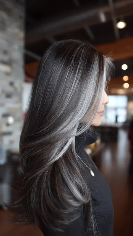 Glimmering Silver Cascade - Silver highlights on dark hair