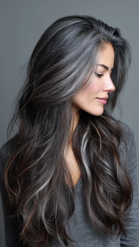 Moonlit Waves with Silver Wisps - Silver highlights on dark hair
