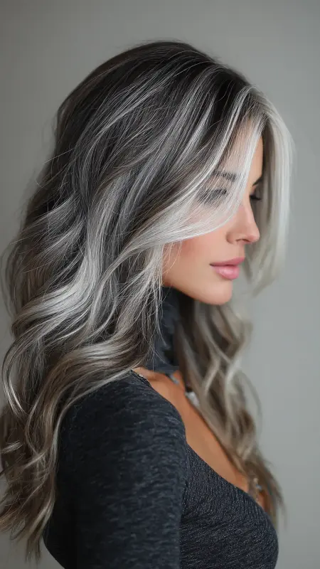 Silver Streaked Waves: A Dance of Dark and Light - Silver highlights on dark hair