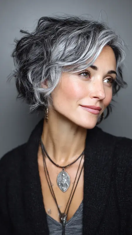 Dazzling Duo: The Silver-Infused Tousled Bob - Silver highlights on dark hair