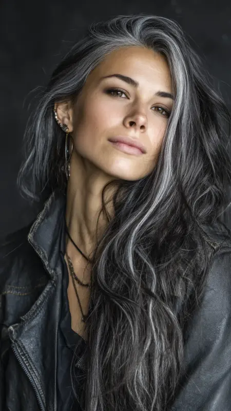 Enchanting Waves with Silver Luster - Silver highlights on dark hair
