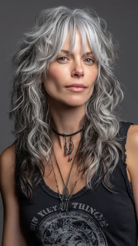 Enchanting Silver-Streaked Waves - Silver highlights on dark hair