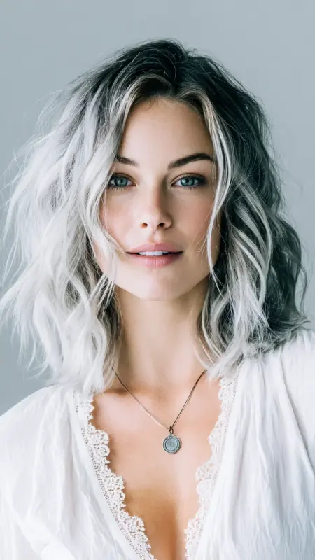 Moonlit Waves: A Daring Dance of Silver and Shadow - Silver highlights on dark hair