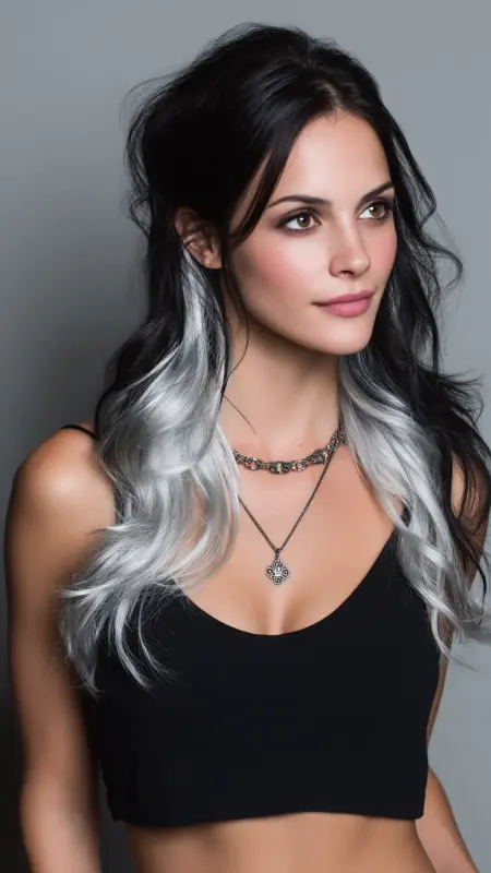 Enchanting Waves: A Symphony of Silver and Dark - Silver highlights on dark hair