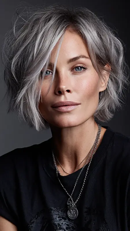 Whimsical Waves: Dazzling Silver-Kissed Bob - Silver highlights on dark hair