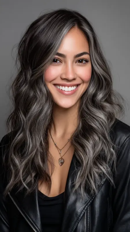 Moonlit Waves: Striking Silhouette in Silver - Silver highlights on dark hair