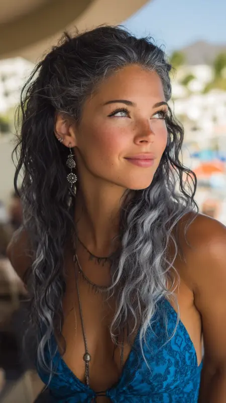 Shimmering Waves: Silver Highlights for Dark, Wavy Hair - Silver highlights on dark hair
