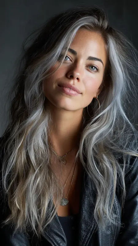 Radiant Silver Streaks on Cascading Waves - Silver highlights on dark hair