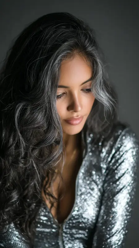 Midnight Waves with Moonlit Silver Shimmer - Silver highlights on dark hair