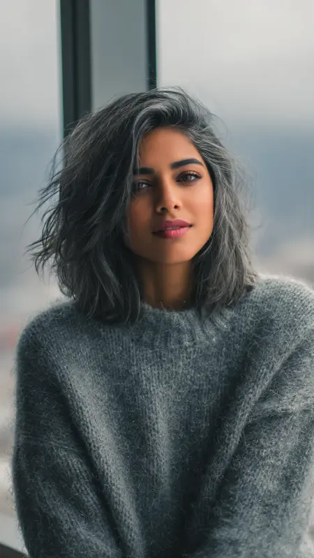 Silver Gleam: The Enchanting Tousled Bob - Silver highlights on dark hair