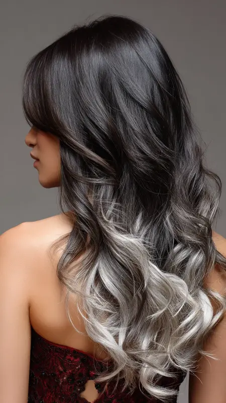 Ethereal Waves of Silver and Shadow - Silver highlights on dark hair