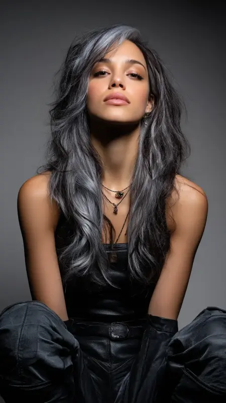 Moonlit Waves: Dance of Silver on Dark Canvas - Silver highlights on dark hair