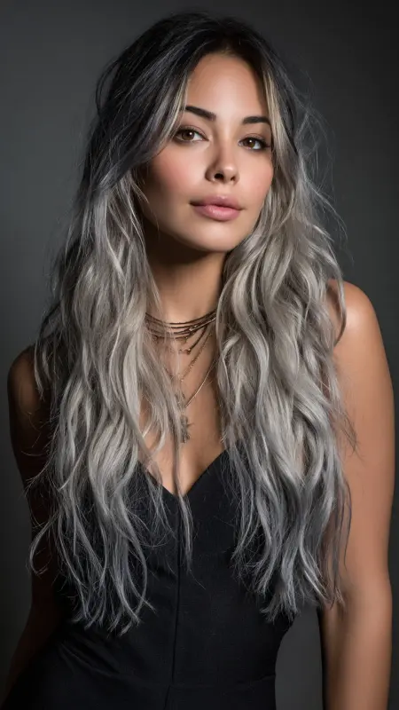 Moonlit Waves: Enchanting Silver Highlights - Silver highlights on dark hair