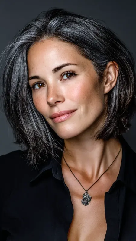Shimmering Twilight Lob - Silver highlights on dark hair