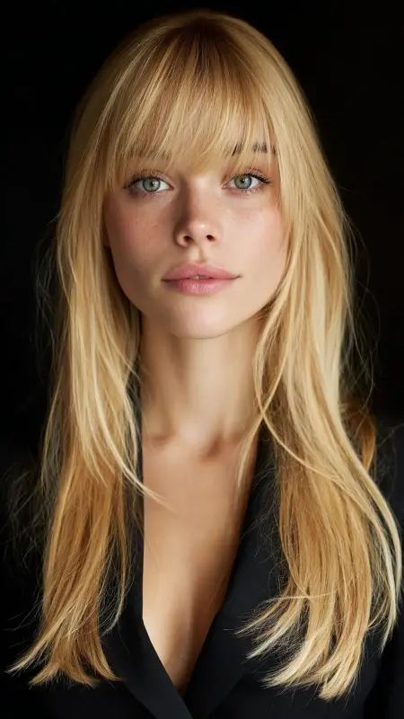 Sleek Blowout with Curtain Bangs - long curtain bangs round face