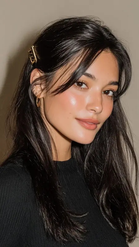 Sleek Claw Clip Updo - long straight hair with curtain bangs