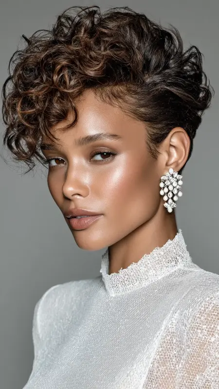 Sleek Curly Pixie with Side Part - Short curly pixie haircuts