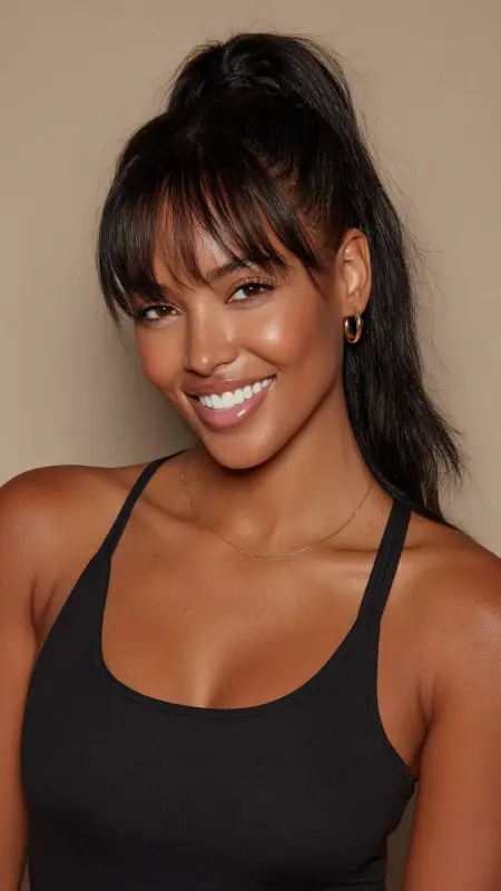 Sleek High Ponytail - long straight hair with curtain bangs