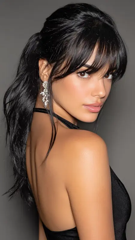 Sleek Low Ponytai - long straight hair with curtain bangs