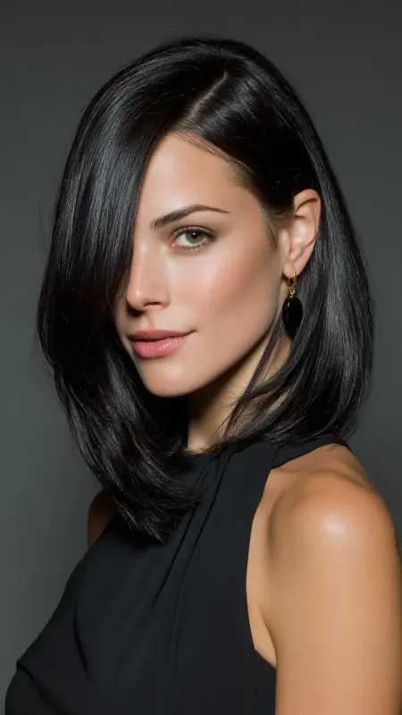 Sleek Midi Cut with Deep Side Part - Medium length haircut for round faces