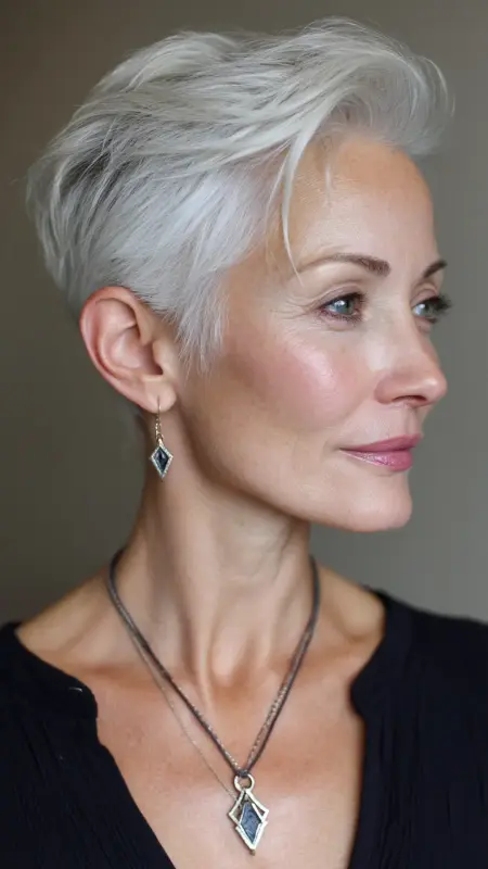 Sleek Pixie with Tapered Neckline -  Pixie Cut Hairstyles For Older Women 