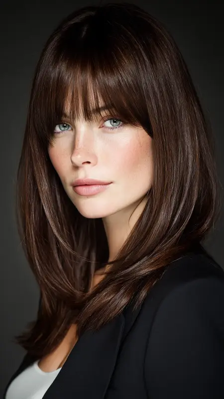 Sleek Polished Power Look - long straight hair with curtain bangs