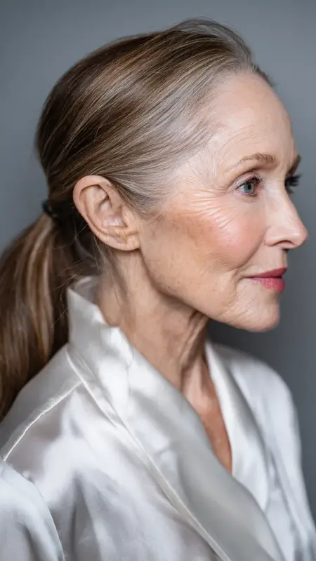 Sleek Pulled-Back Ponytail -  Hairstyles for over 70 year old women 