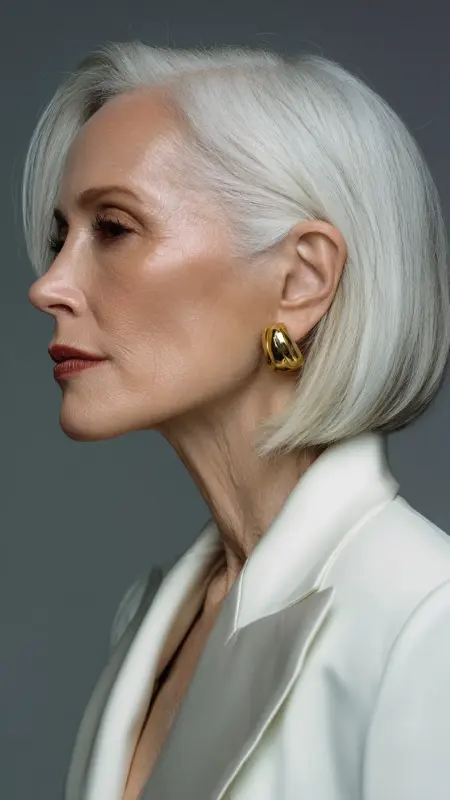 Sleek Side-Parted Bob -  Short white hair for older women 