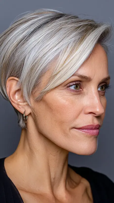 Sleek Side-Parted Pixie - Pixie hairstyles for older women over 60