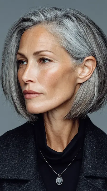 Sleek Silver Blunt Cut - gray hair styles for women over 50
