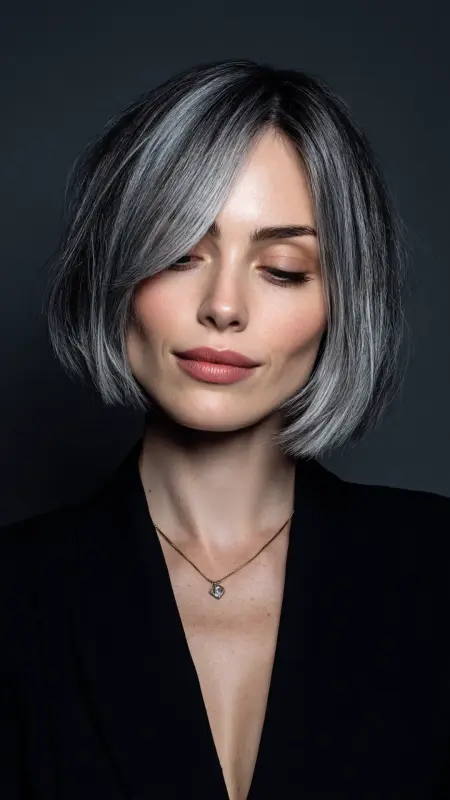 Sleek Silver Bob - Silver highlights