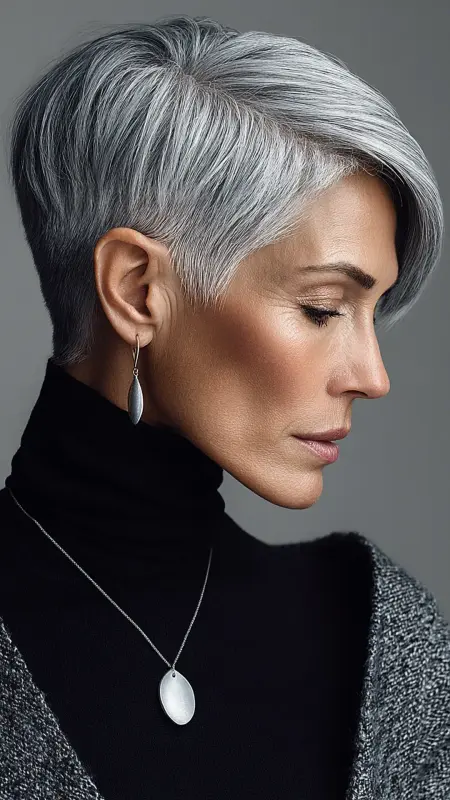 Sleek Silver Crop -  Short white hair for older women 
