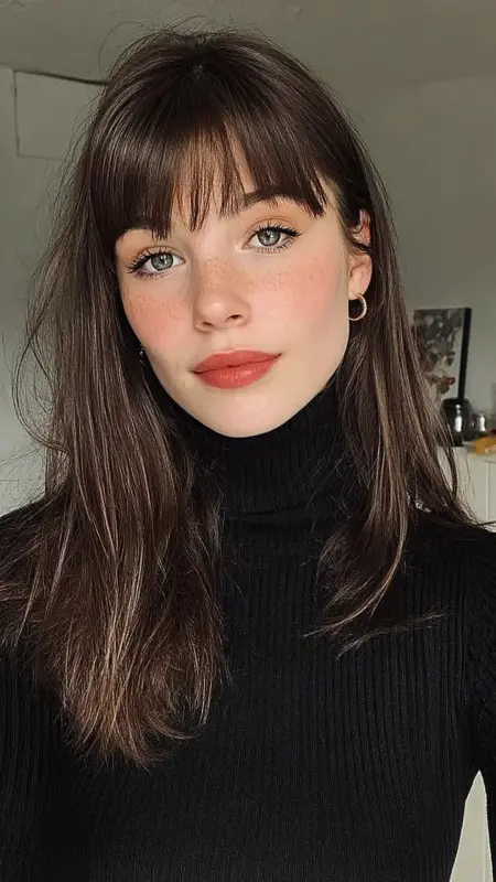 Sleek Tucked-In Hair - long straight hair with curtain bangs