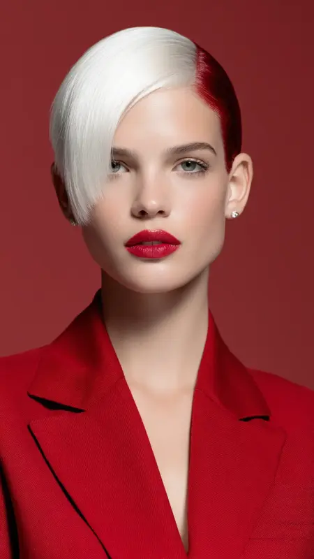 Slicked Short Cut - Ruby Red  Pearl White -  Two hair colors split 