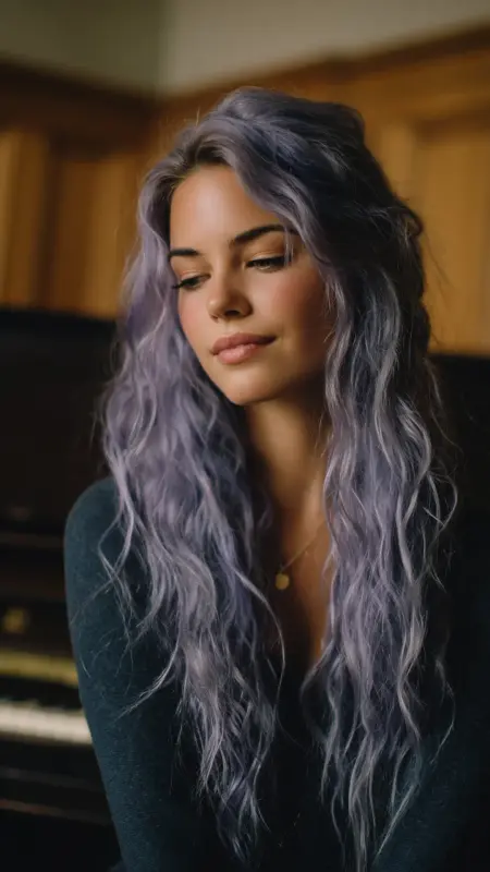 Smokey Lavender Balayage on Long Waves - Hair color ideas for students
