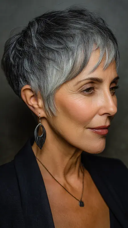 Smoky Charcoal Tones on a Short Cut - hair color ideas for women over 70