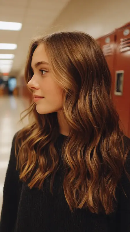 Soft Chocolate Waves with Caramel Peekaboo - Hair color ideas for students